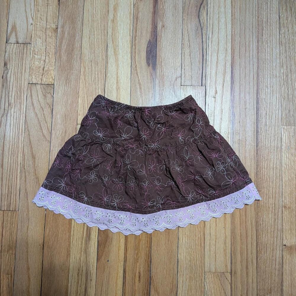 Amy Byer Girls Brown Floral Skirt Pink Lace Trim
